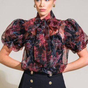 Chic Floral Puff Sleeve Blouse - Black and Red